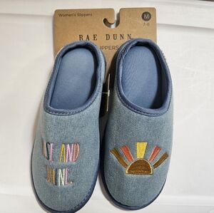 Rae Dunn Denim Slip-On Cushioned Slippers with Rainbow Sun Embroidery Sz M (7-8)
